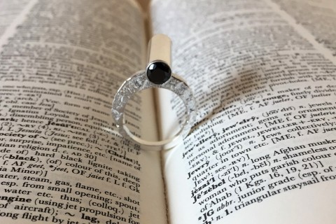 Black Telescope Ring - Cuttlebone Cast Silver Ring with Black Spinel Cabochons